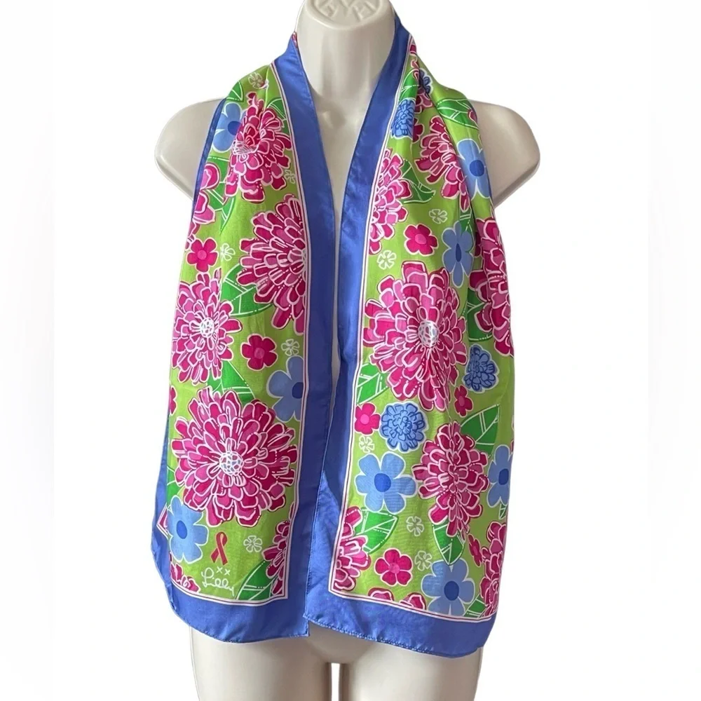 Lilly Pulitzer 100% Silk Ford Floral Scarf Blue Pink Cancer Awareness Versatile